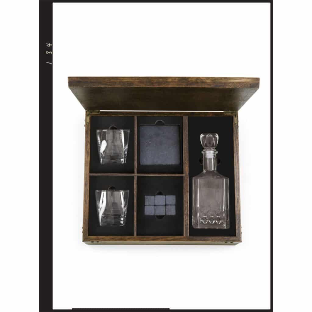 WHISKEY BOX WITH DECANTER – GIFT SET DARK STAIN RUBBERWOOD