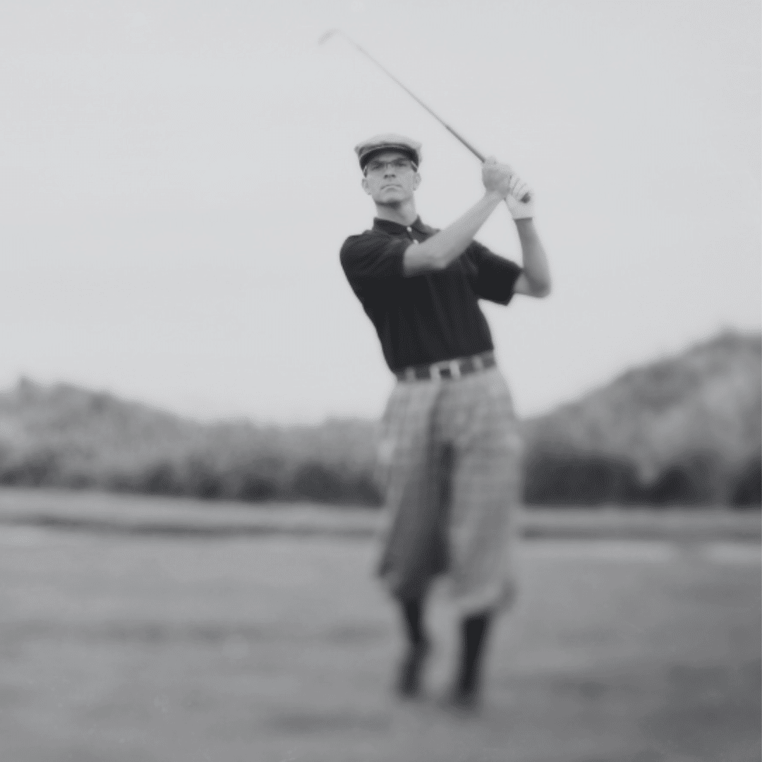 black and white photo of golfer on course, golf products, merchandise