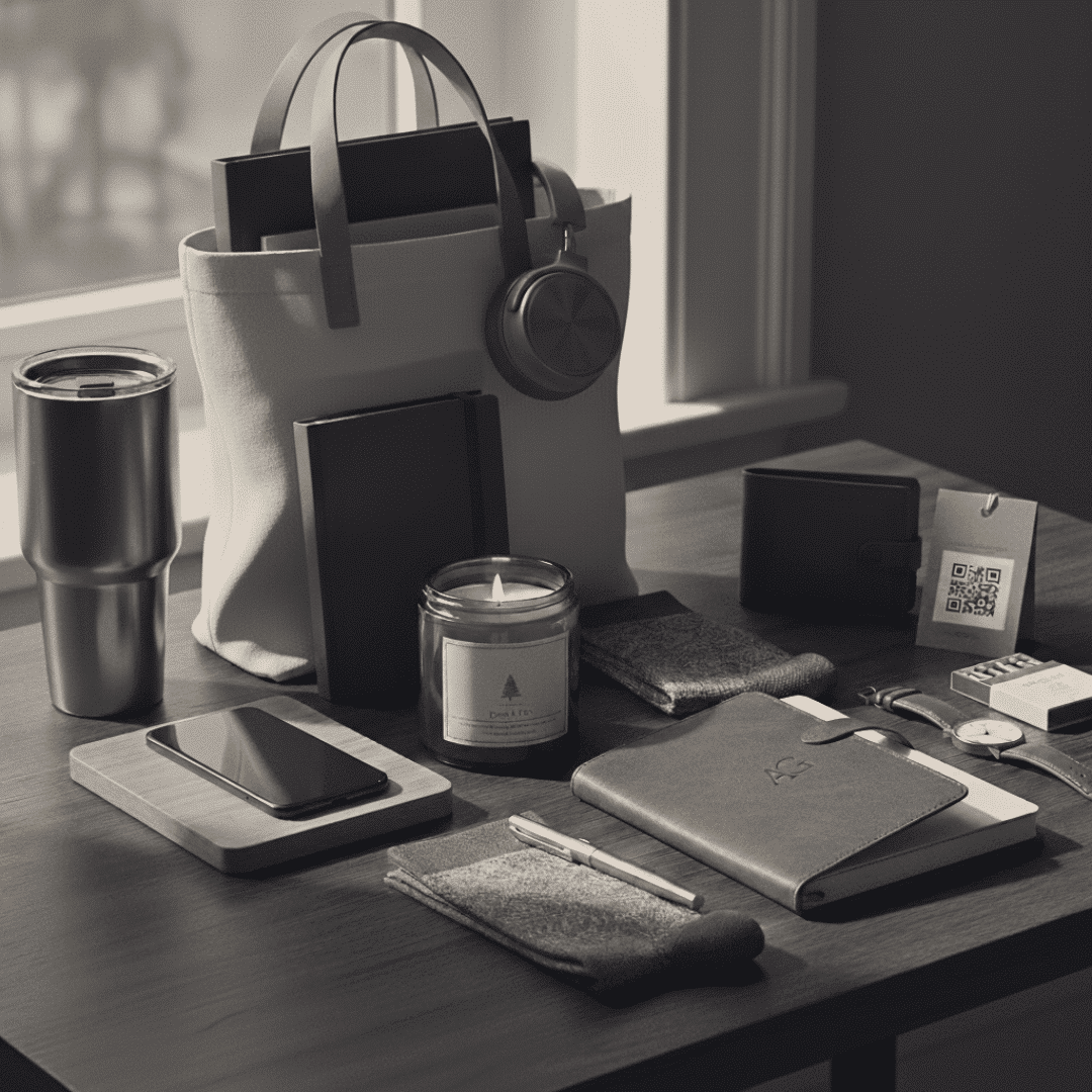 Branded Merch as Minimalist workspace with organized items
